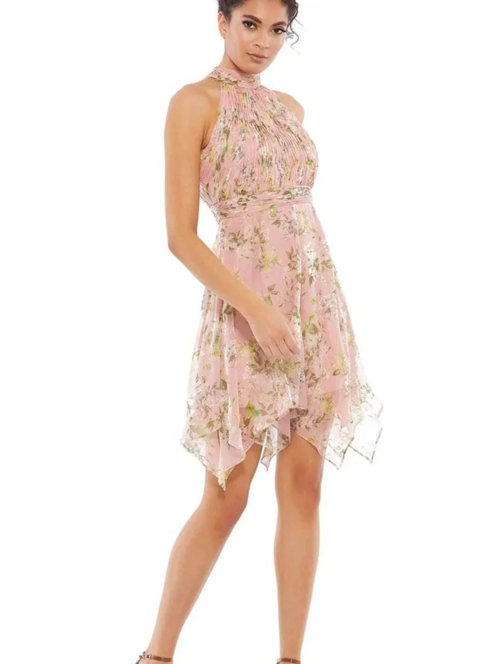 Mac Duggal Blush Pink Floral Print Halter Cocktail Mini Dress Sz 0 NWT 70208 - Picture 1 of 7